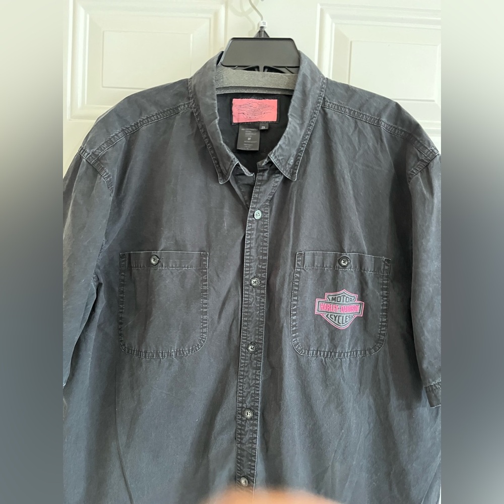 VTG Harley-Davidson Shirt Men’s 2X Dress Black Pink Logo Work Button Down Biker - Picture 3 of 10